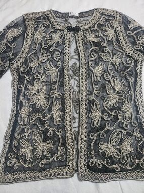 Black Mesh Tunic Cardigan with Gold Embroidered Detailing